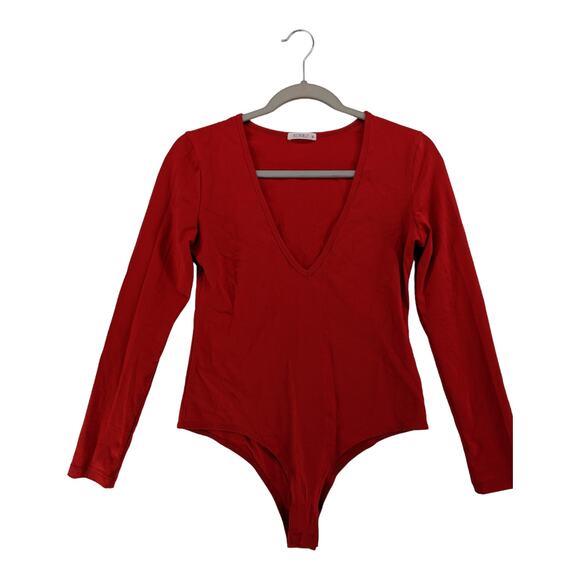 Sunro Long Sleeve Bodysuit Medium Red V Neck Layering One Piece Snap Casual Work - Picture 2 of 9